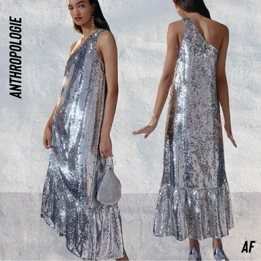 ANTHROPOLOGIE MAEVE ONE SHOULDER SEQUINED MIDI DRESS IN SILVER
